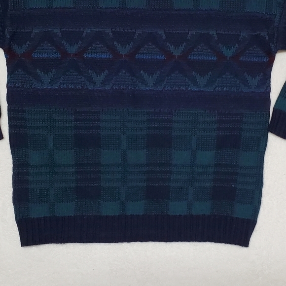 VINTAGE Reed St. James Loafers Turquoise Blue Plaid Printed Knit Sweater XL - Picture 10 of 11